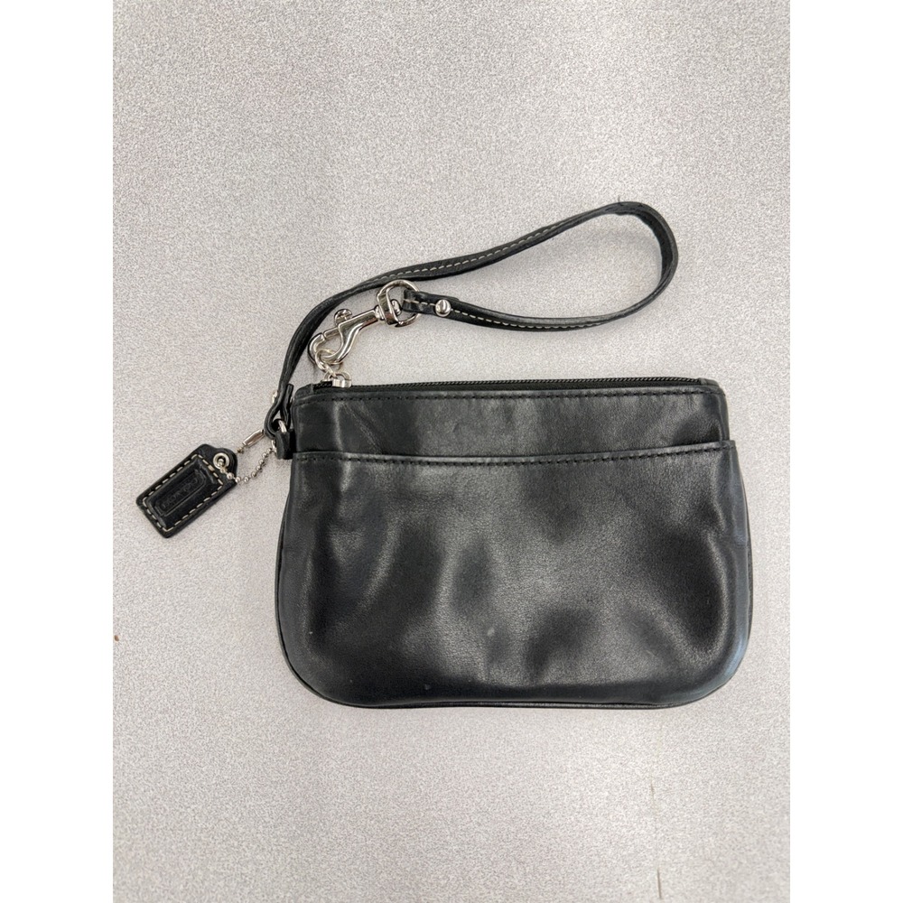 Coach Black Leather Wristlet Pouch with Front Pocket and Blue Lining